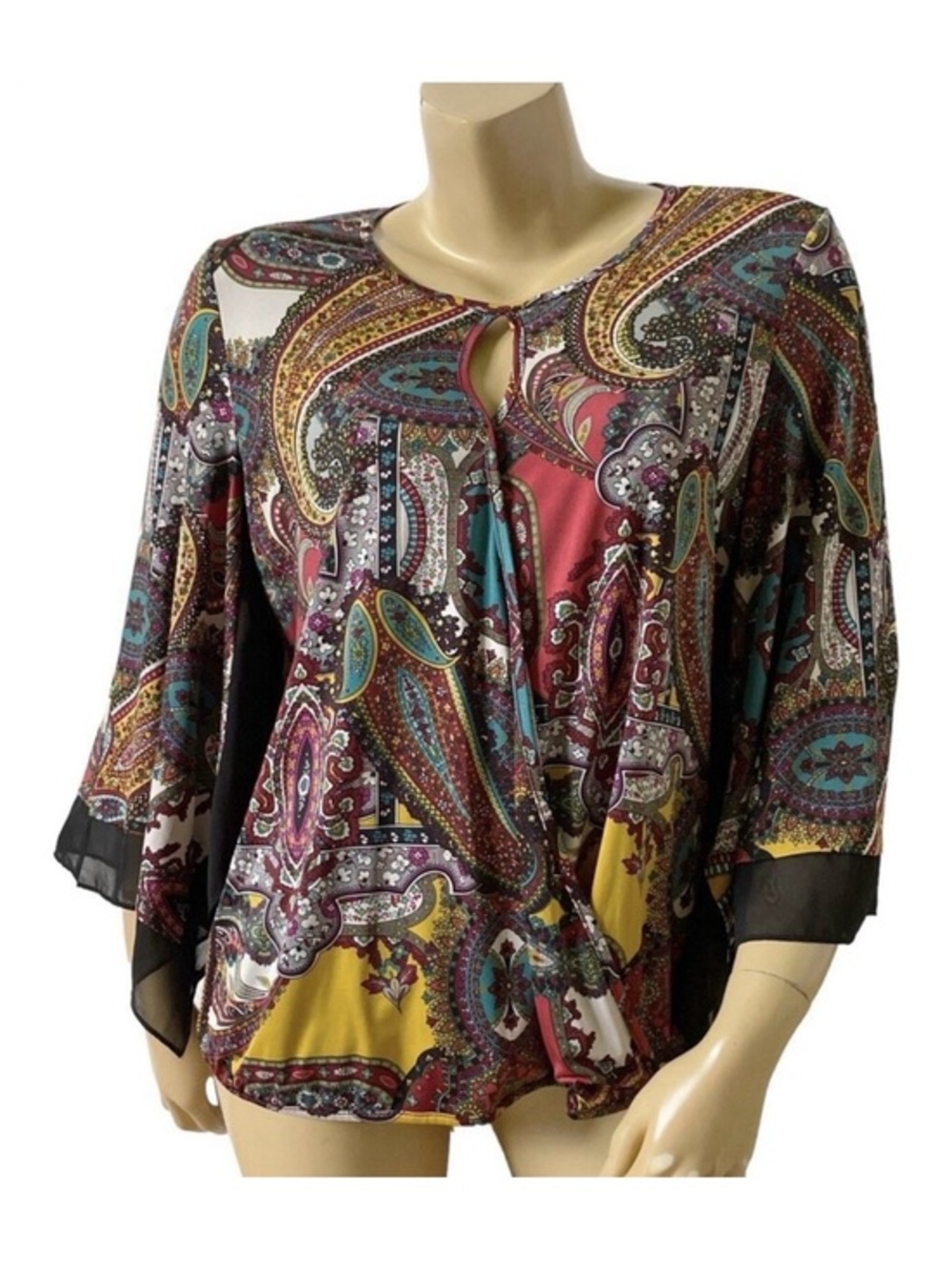 Jennie & Marlis Blouse Womens Large Paisley Surplice Bell Sleeve Keyhole Boho